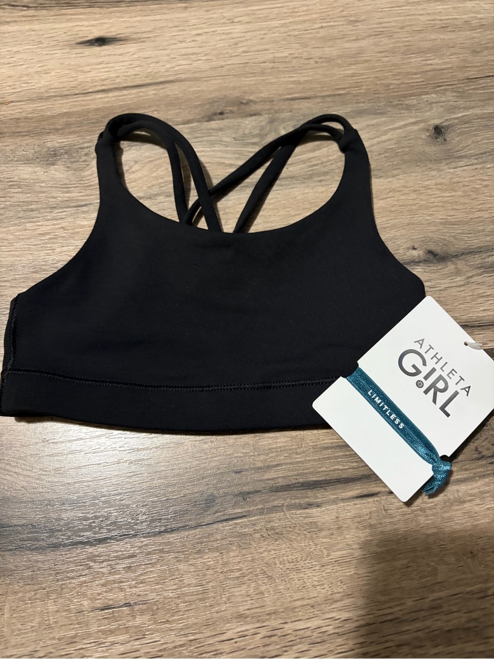 NWT Athleta Black Cross-Back Sports Bra, hair tie included - XS (6)